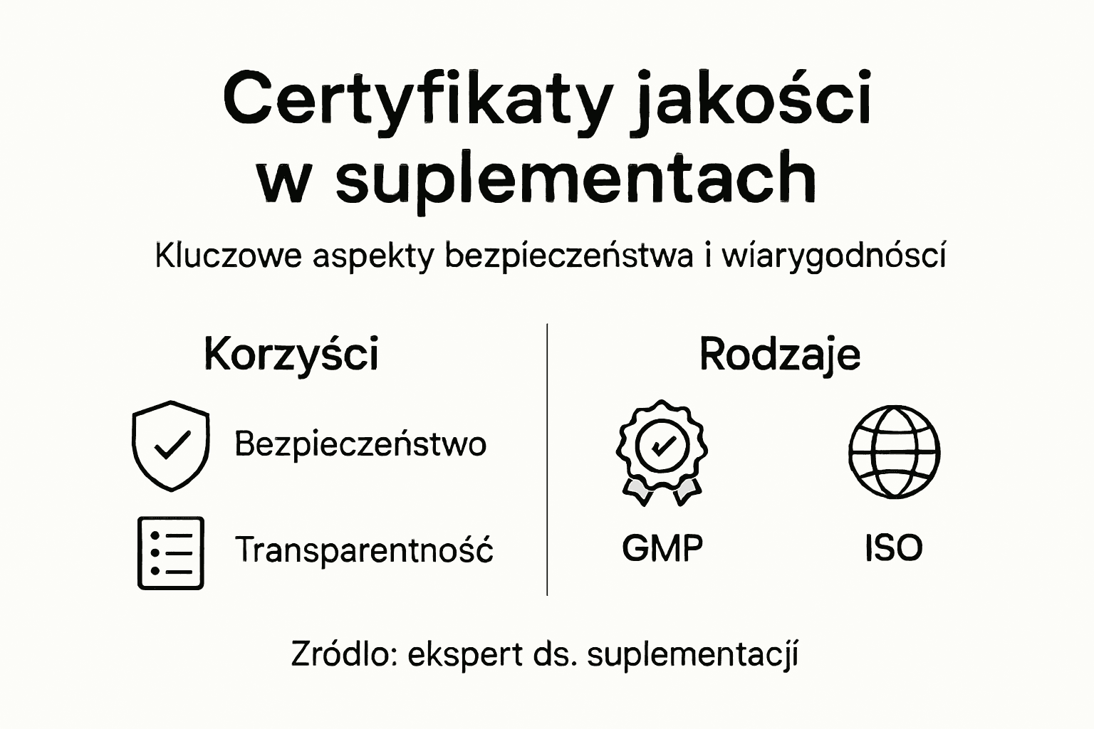 Przegląd najważniejszych certyfikatów jakości dla suplementów diety — infografika