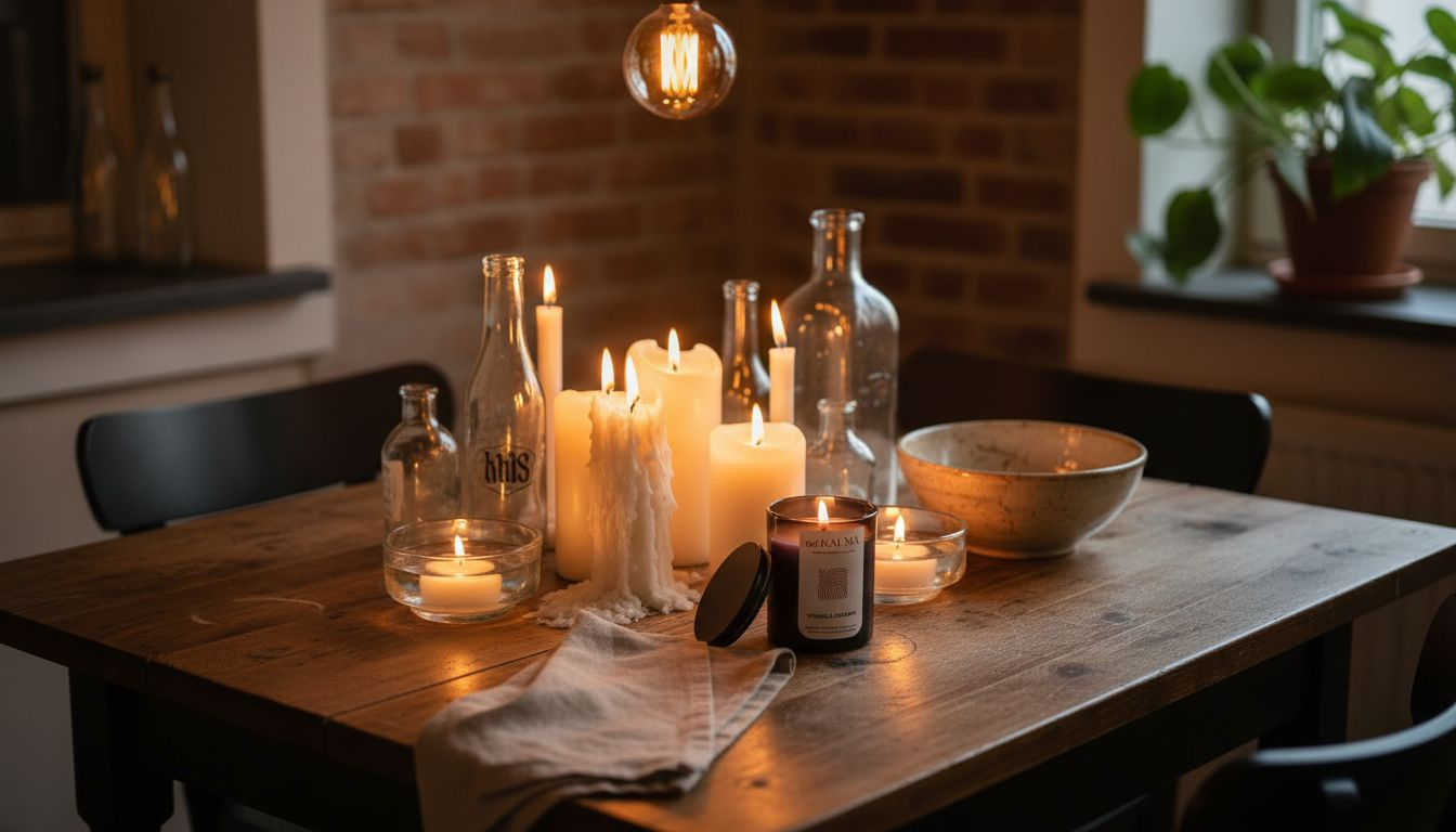 Assorted candle types arranged on table