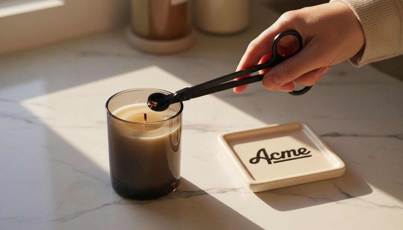 Hand trimming candle wick in glass container