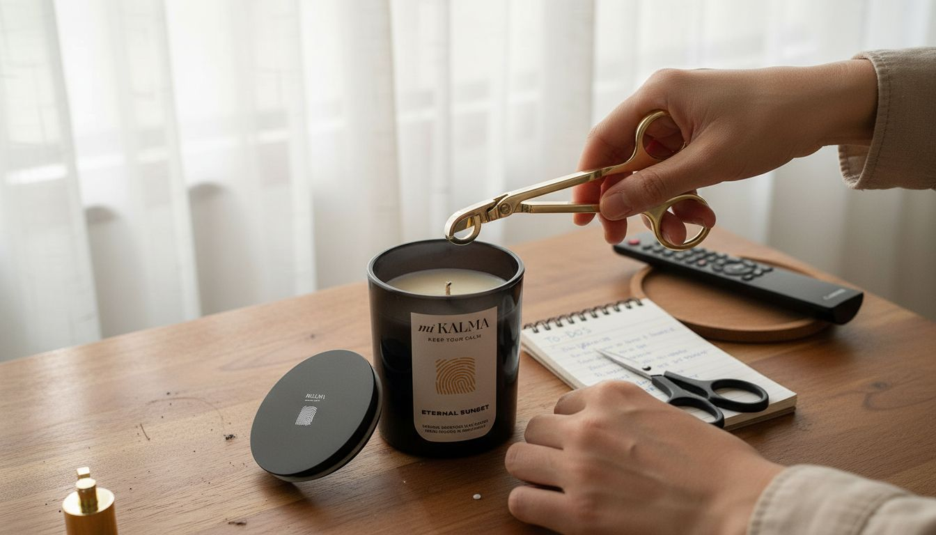 Hands using wick trimmer above candle