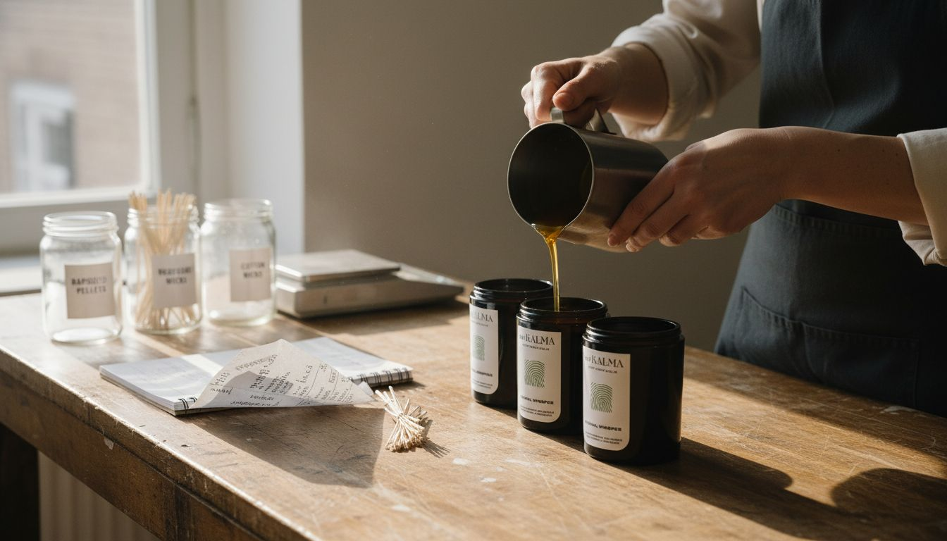 Candle maker pouring ethical rapeseed wax in workshop