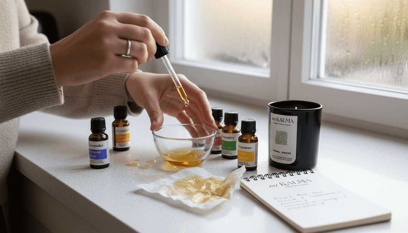Hands blending oils for personalized candle