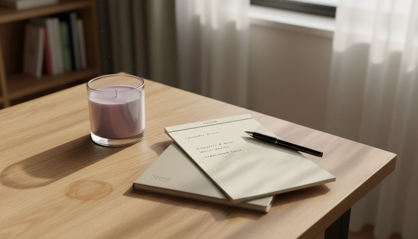 Lavender candle and scent notes on desk