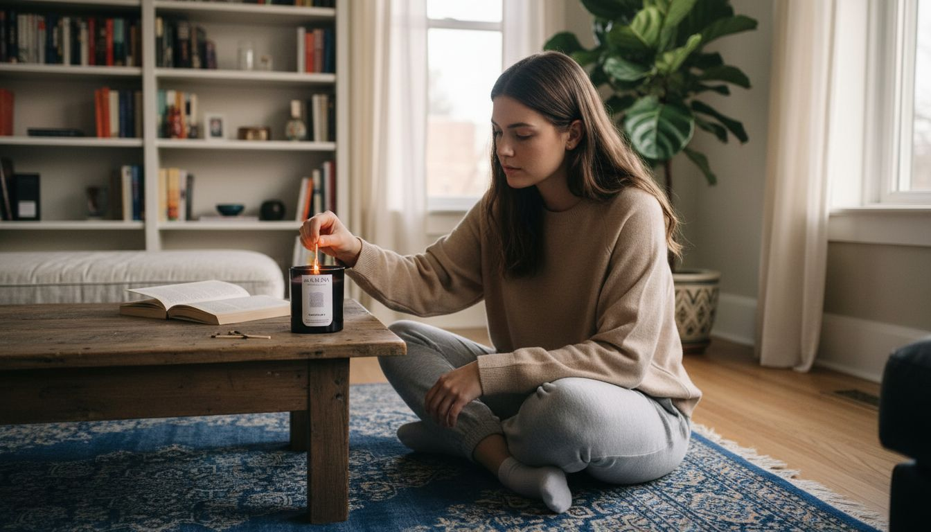 Woman lighting artisanal candle at home