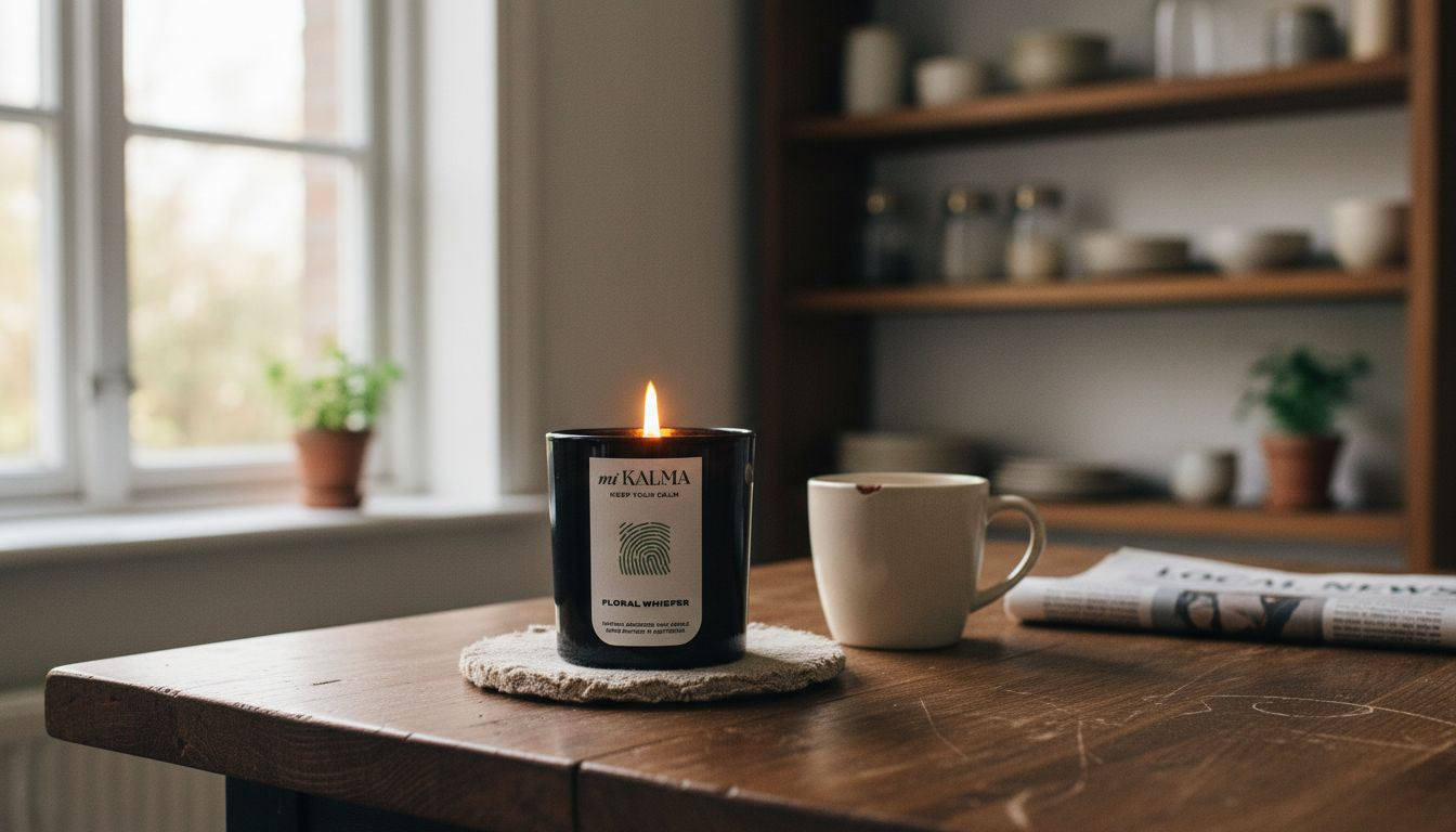 Rapeseed wax candle burning on oak table
