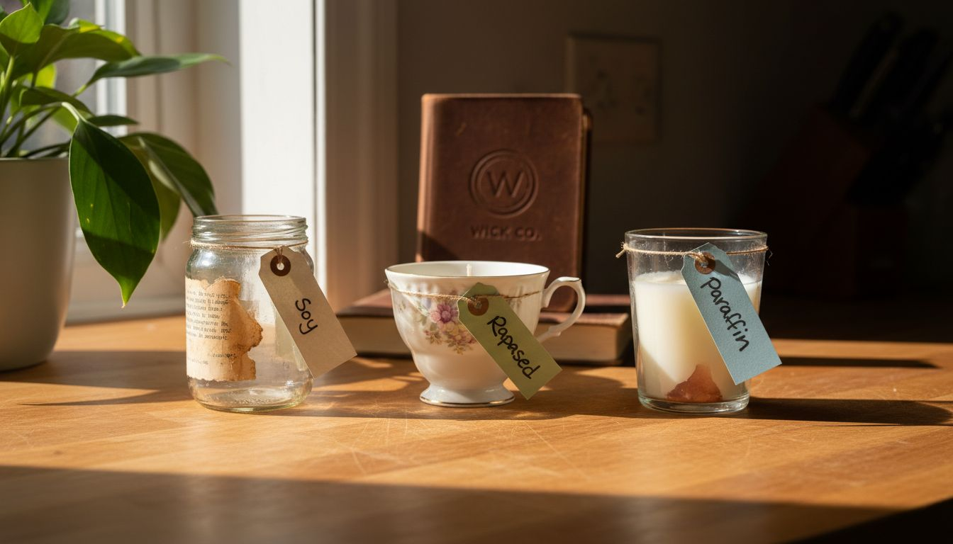 Three labeled eco-friendly candles on countertop