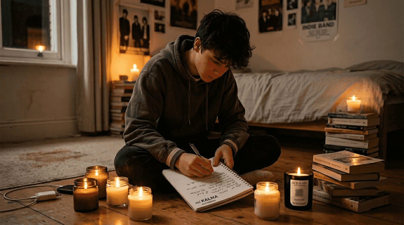 Boy journaling by candlelight in bedroom