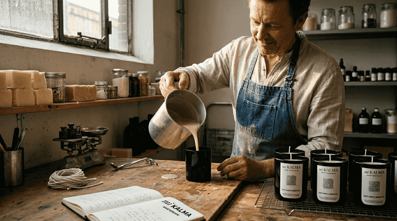Artisan pouring wax in handcraft candle studio