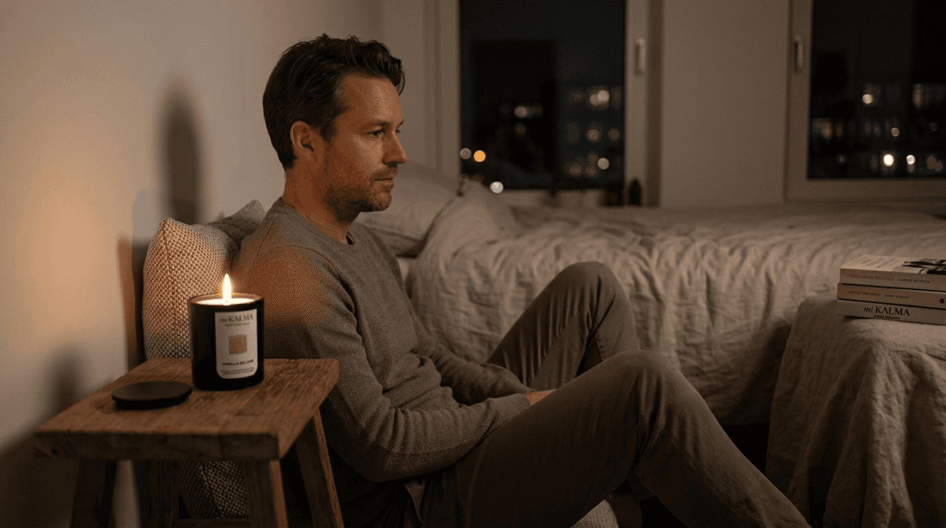 Man practising candle meditation in quiet bedroom