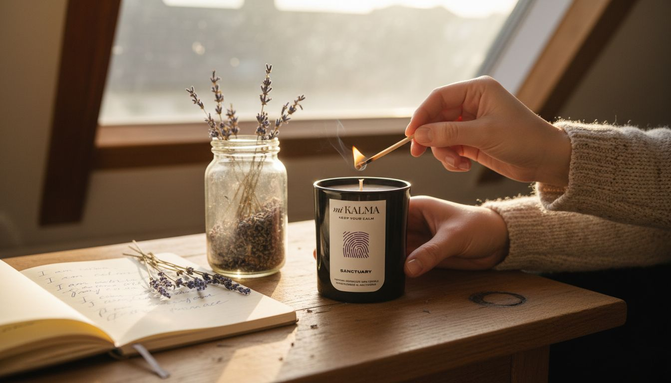 Hands lighting coconut apricot meditation candle