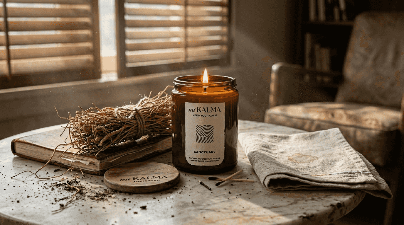 Vetiver candle and earthy roots detail