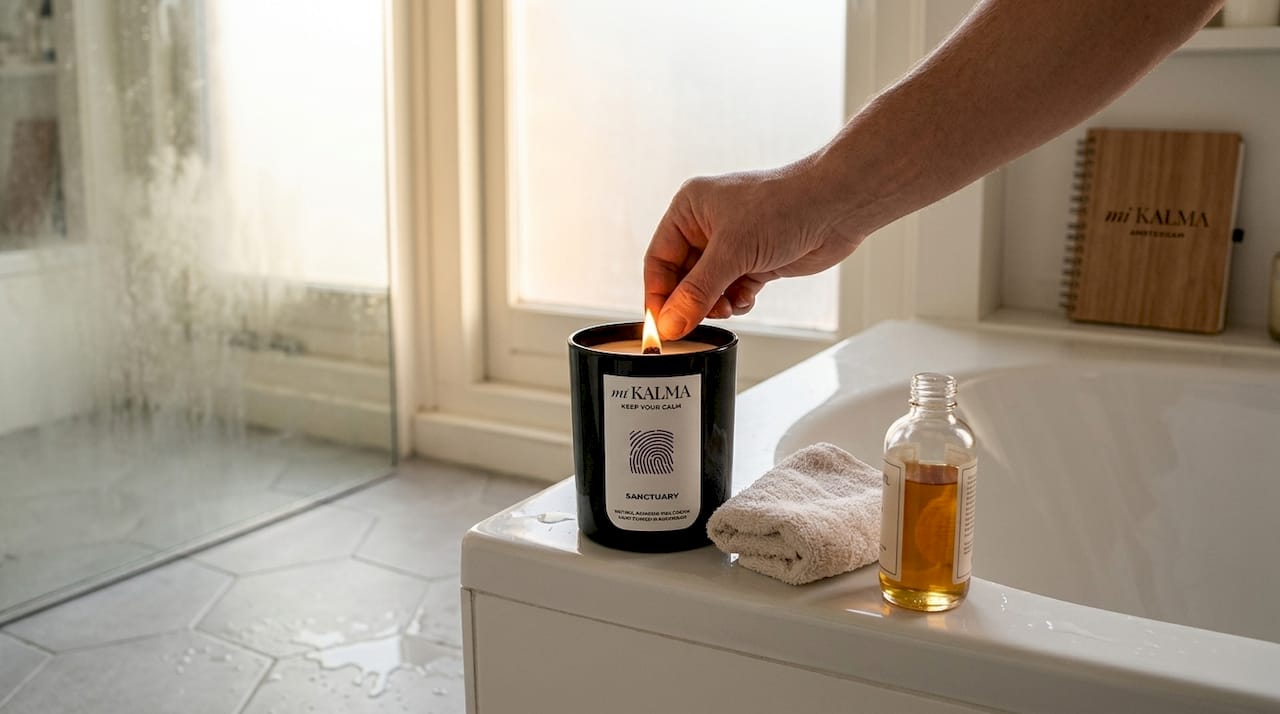 Luxury candle and self-care items by bathtub