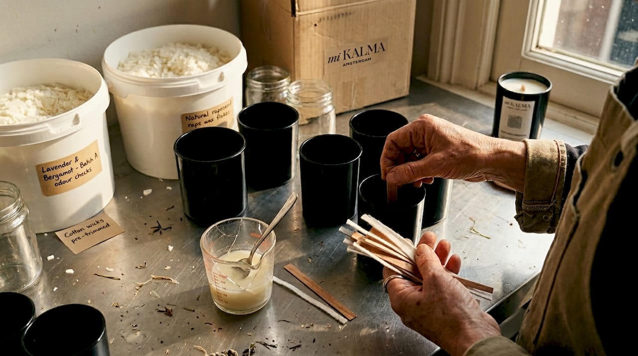 Hands preparing wicks and wax in candle studio