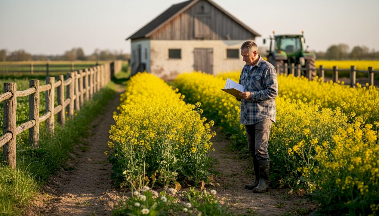 Farm worker inspecting rapeseed crop field