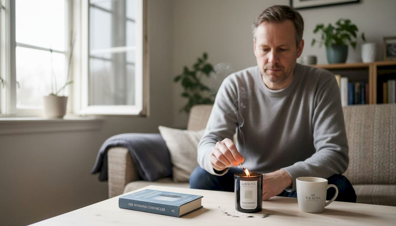 Man lighting paraffin candle in living room