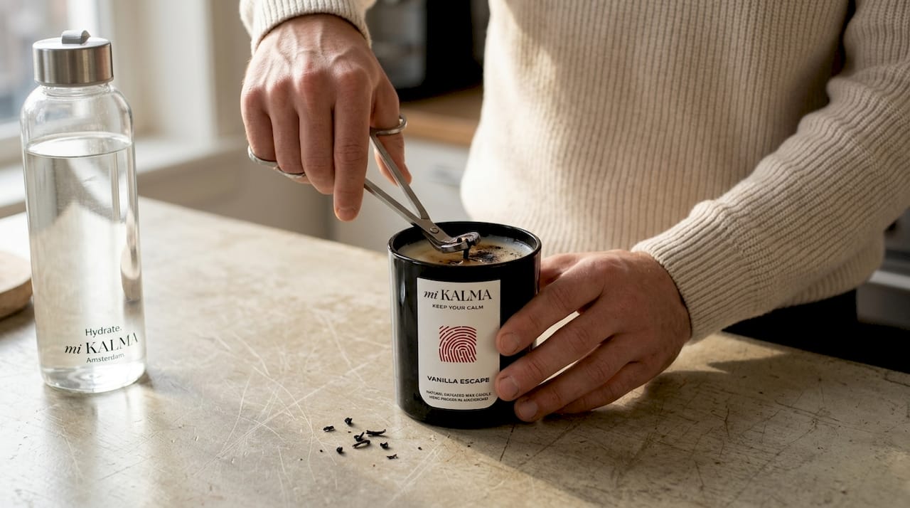 Hands trimming candle wick at kitchen counter