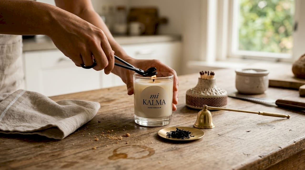 Hands trimming candle wick with accessories