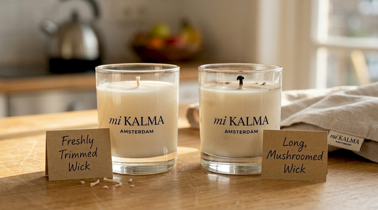Two candles showing trimmed and untrimmed wicks