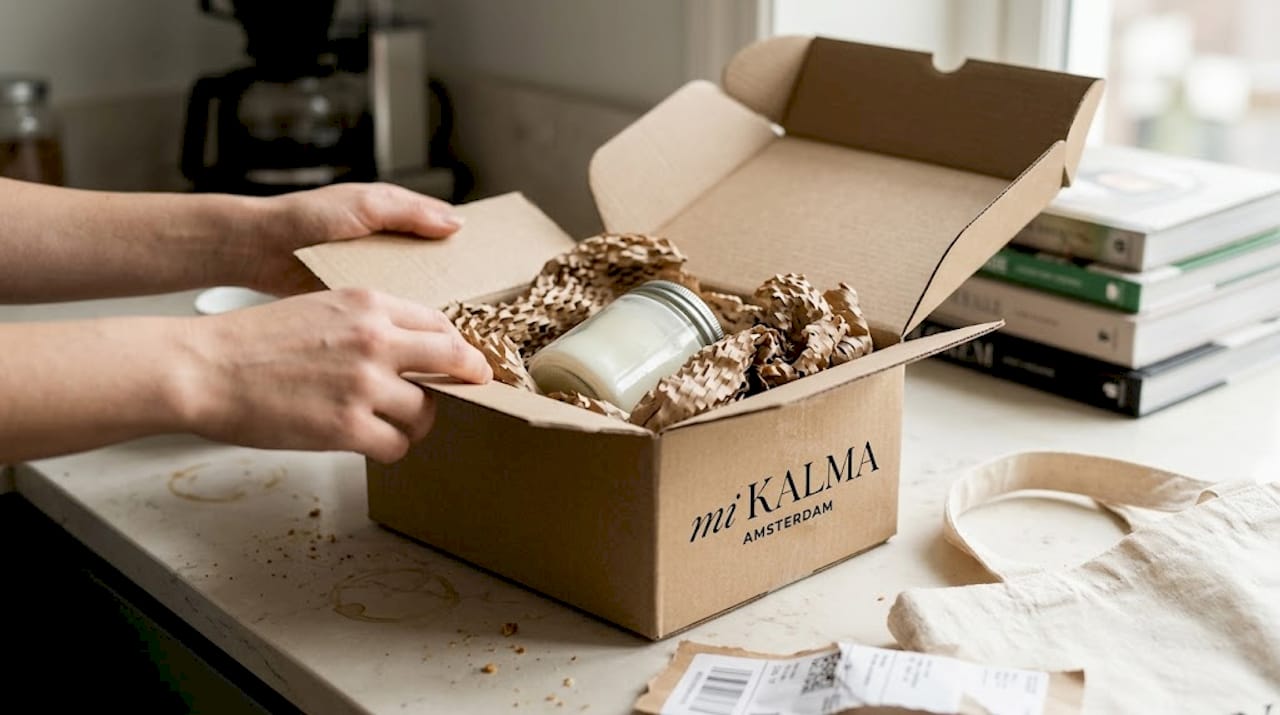 Unpacking sustainable candle packaging in kitchen