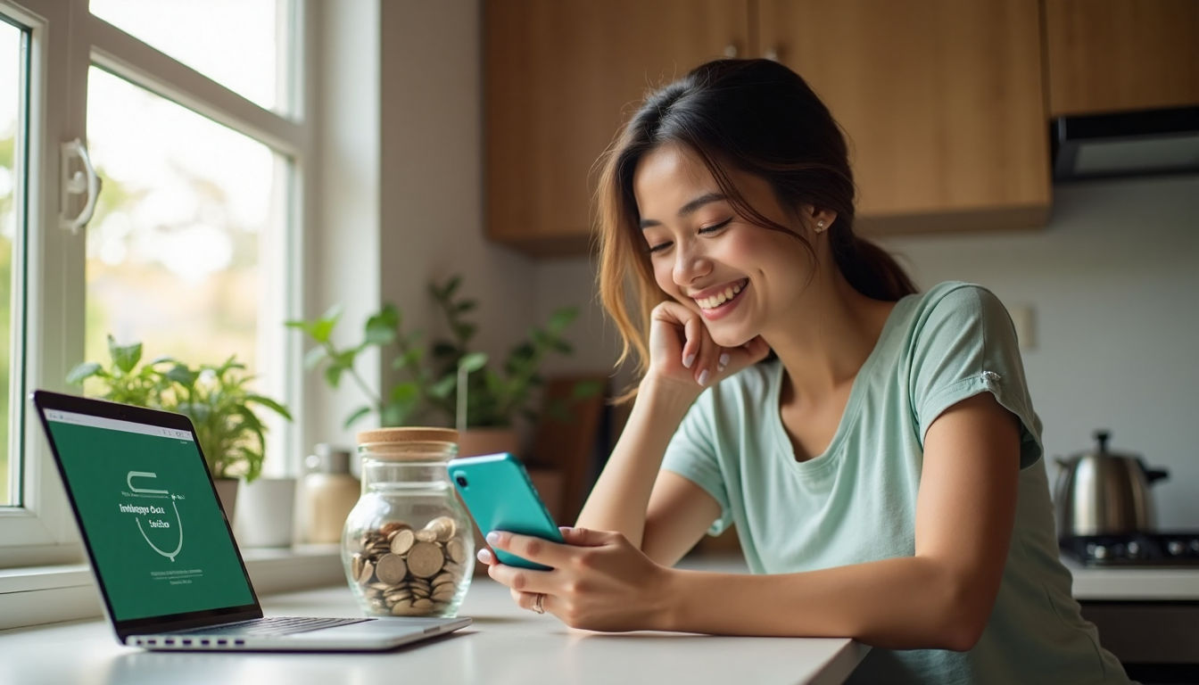 Young woman saving money with smartphone in kitchen