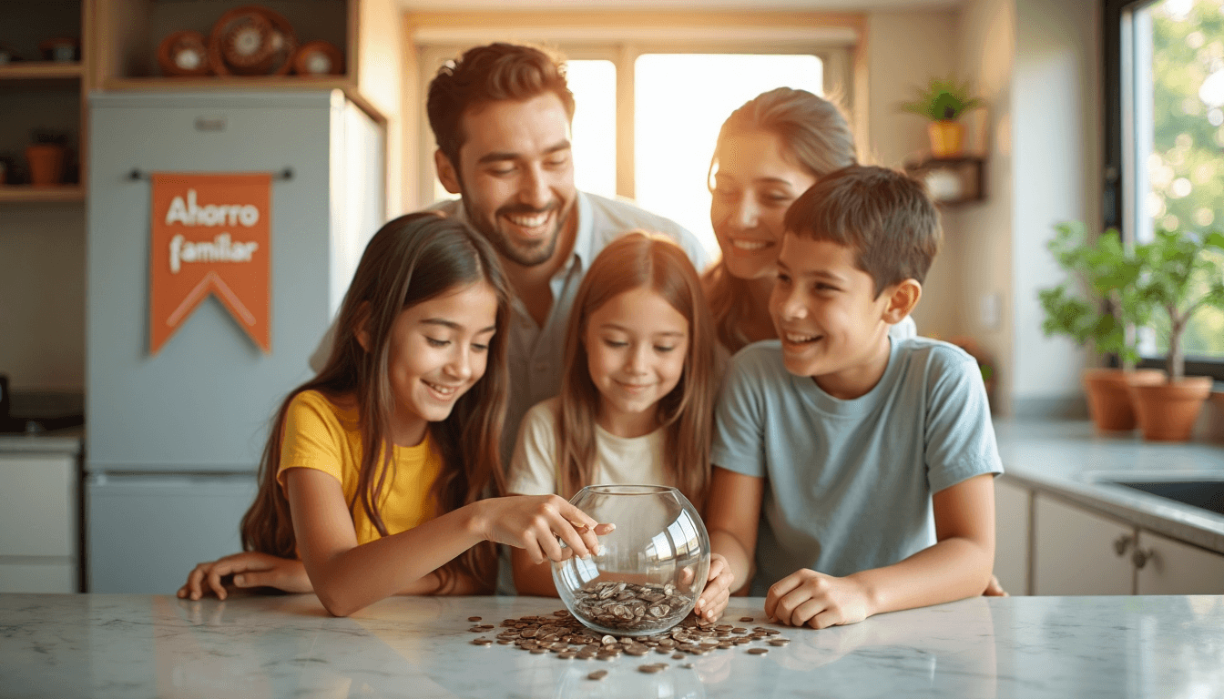 Family saving coins in kitchen with Ahorro familiar poster