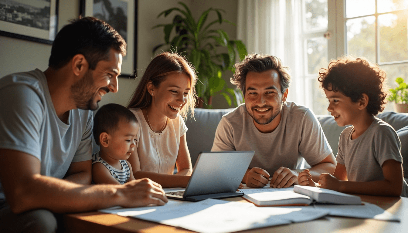 Family discussing finances with tablet showing Planificación financiera