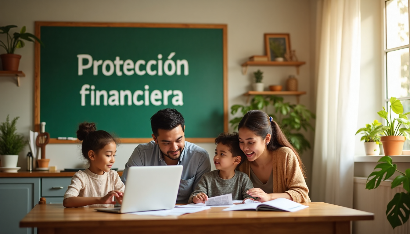 Latino family reviews finances with Protección Financiera sign