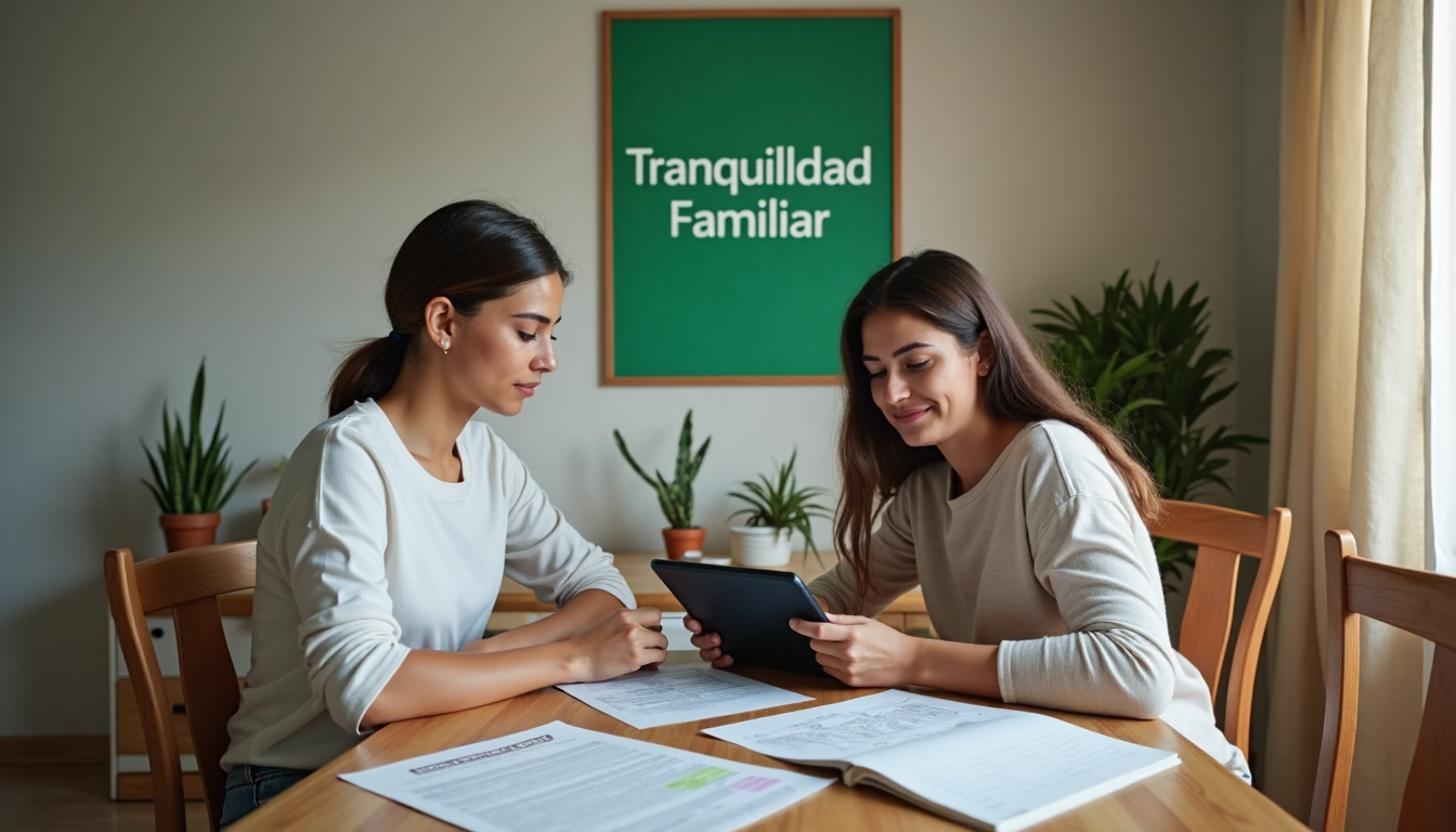 Latina mom and son plan finances with Tranquilidad Familiar poster