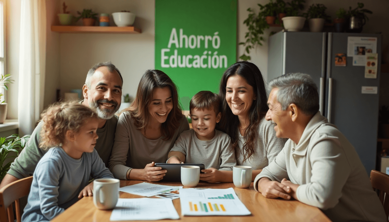 Latino family reviewing education savings at home table