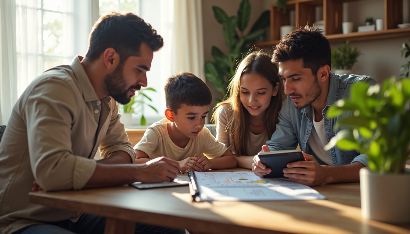 Familia hispana revisando plan financiero en sala luminosa
