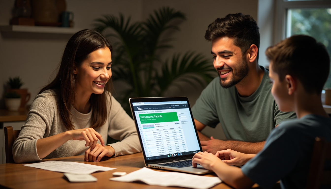 Familia hispana calculando presupuesto en comedor por la noche
