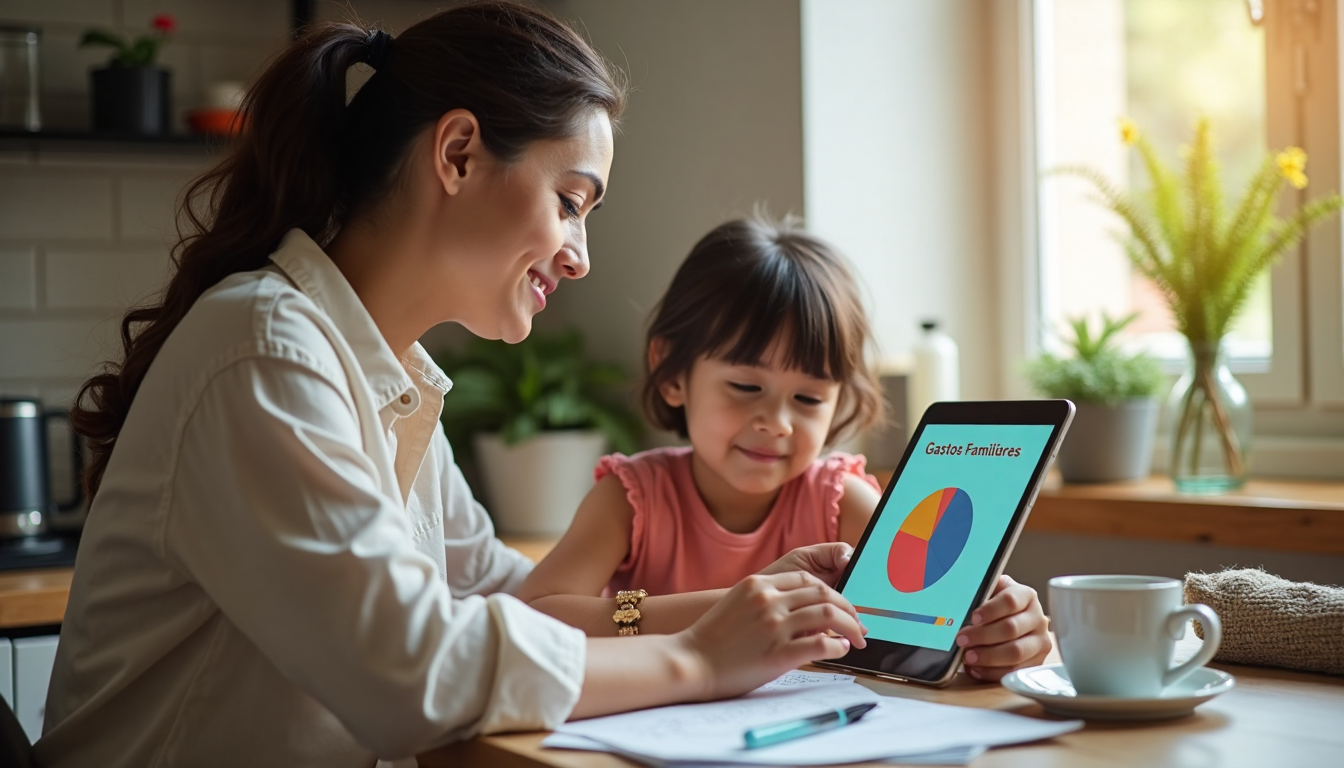 Latina mother tracking expenses on tablet, child playing nearby with toy money