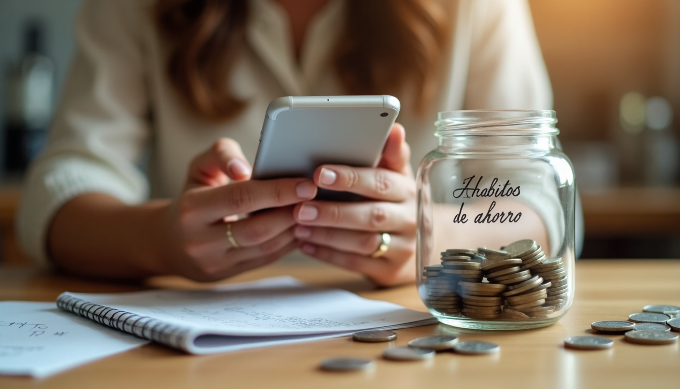 Hispanic woman uses banking app and savings jar at kitchen table