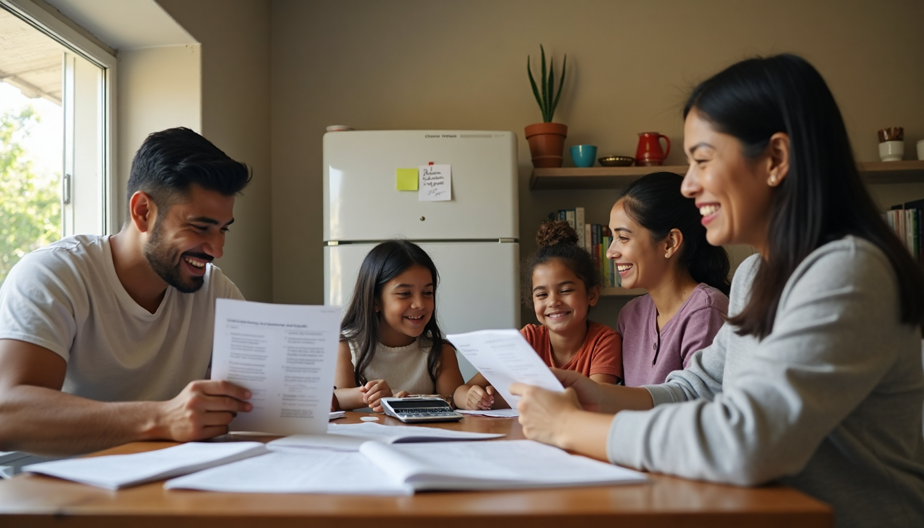 Latino family at home planning finances together