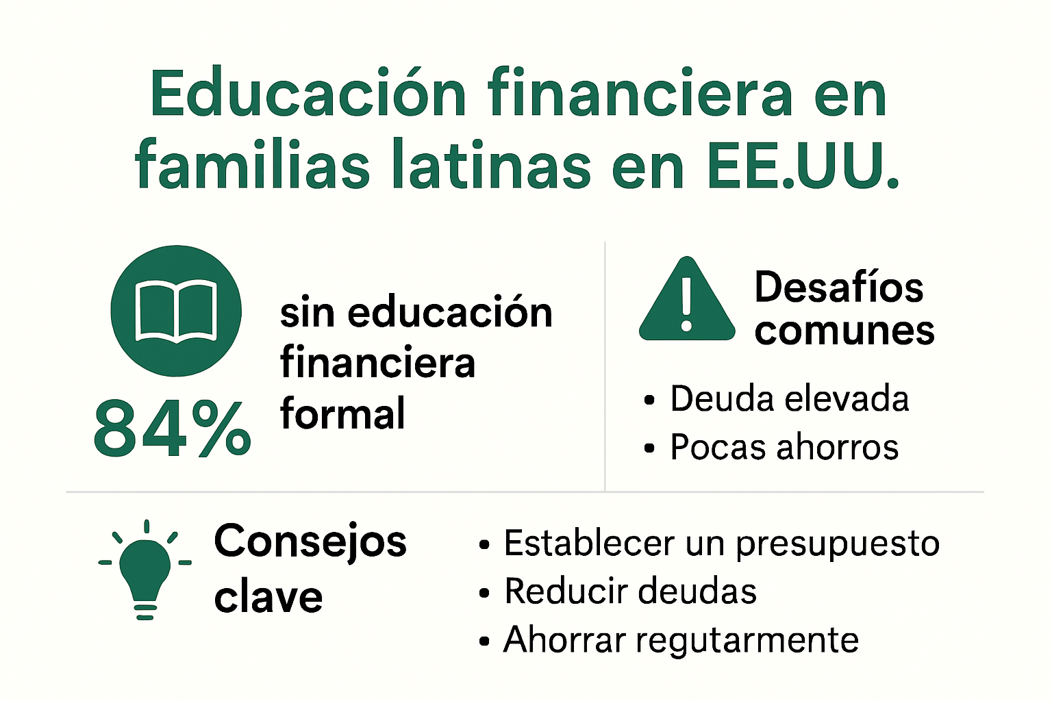Infografía sobre educación financiera en familias latinas y pasos para el bienestar financiero.