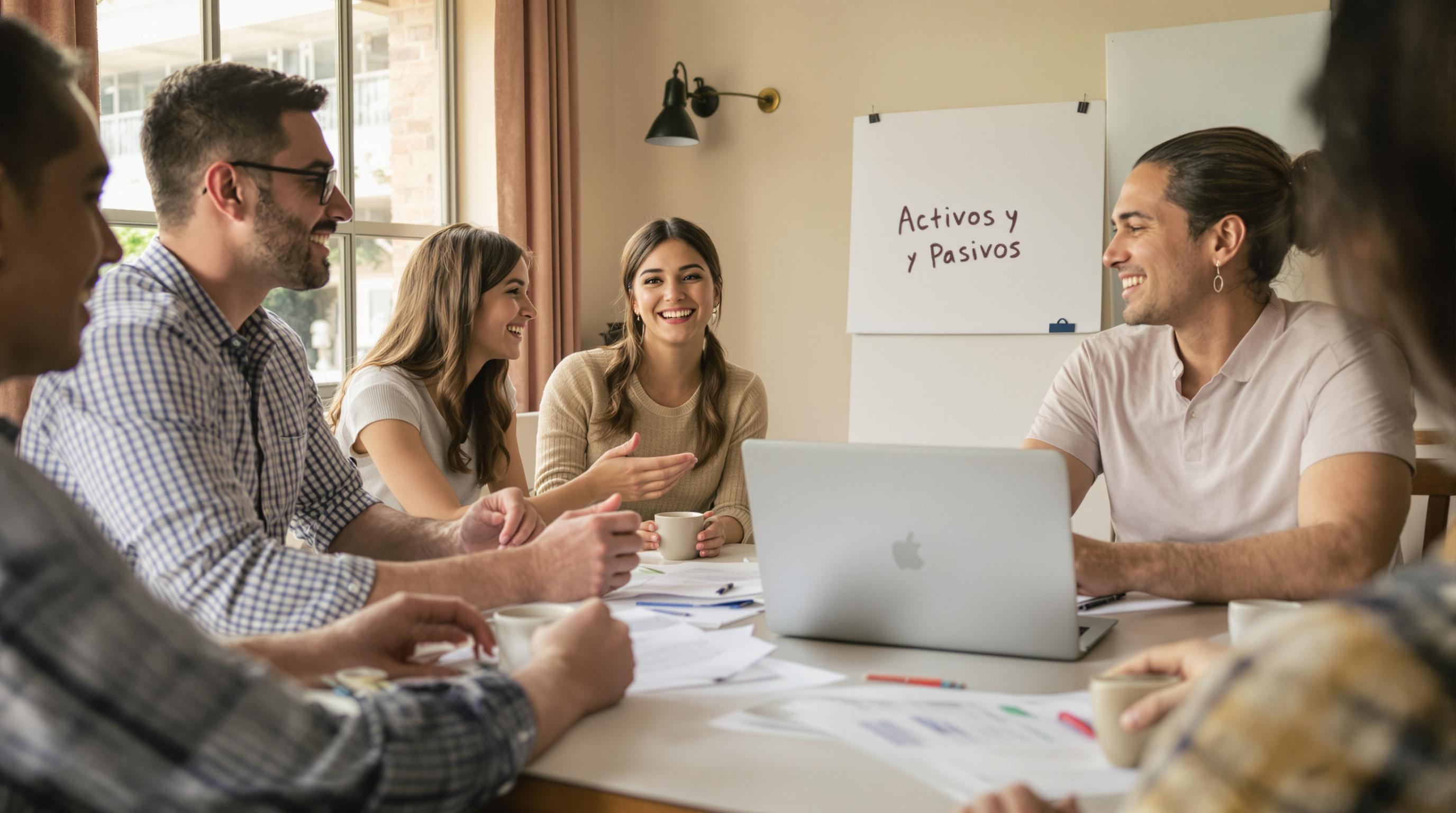 Latino family discussing finances with 'Activos y Pasivos' board