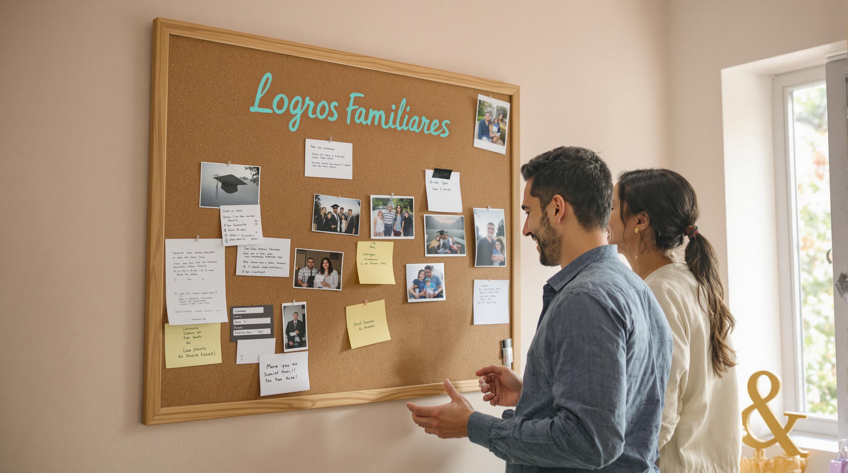 Couple reviewing family goals board with 'Logros Familiares'