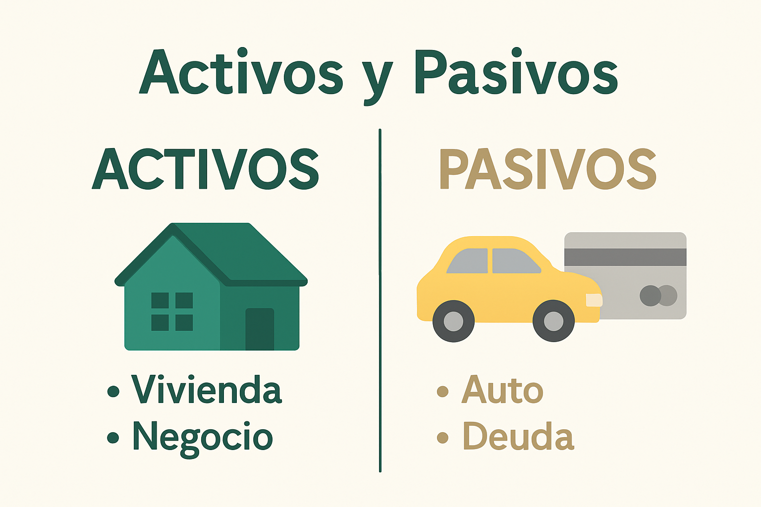Infografía educativa: diferencia entre activos y pasivos con ejemplos familiares