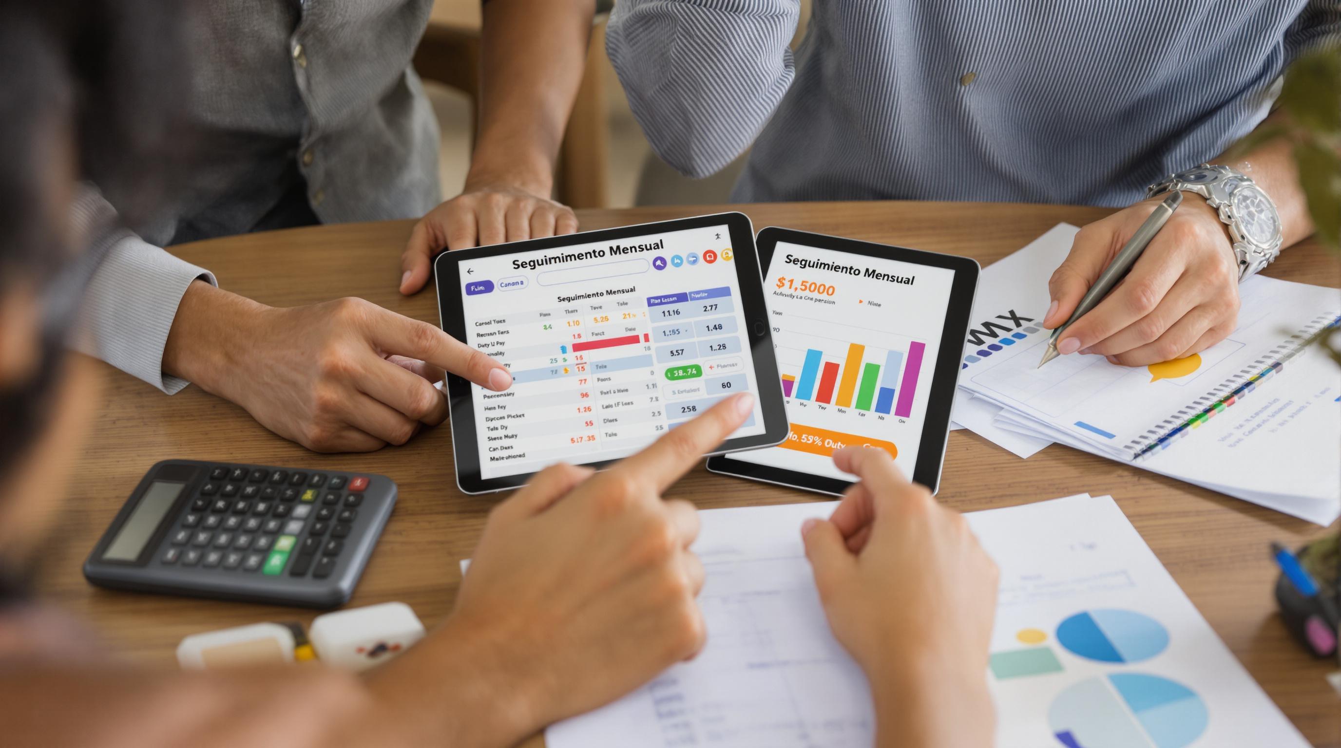 Hispanic couple monitors monthly budget on tablet together