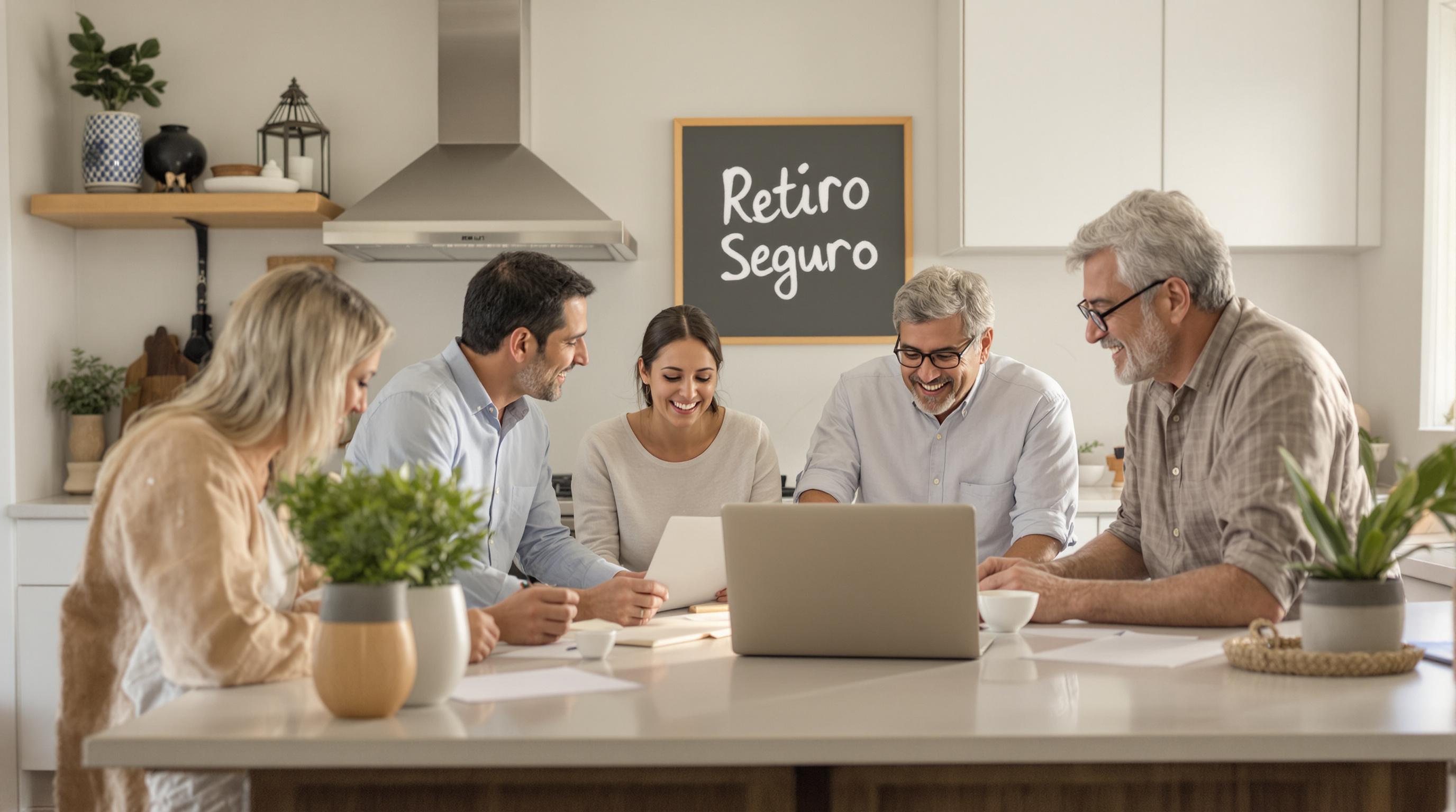 Hispanic family planning retirement together around kitchen table