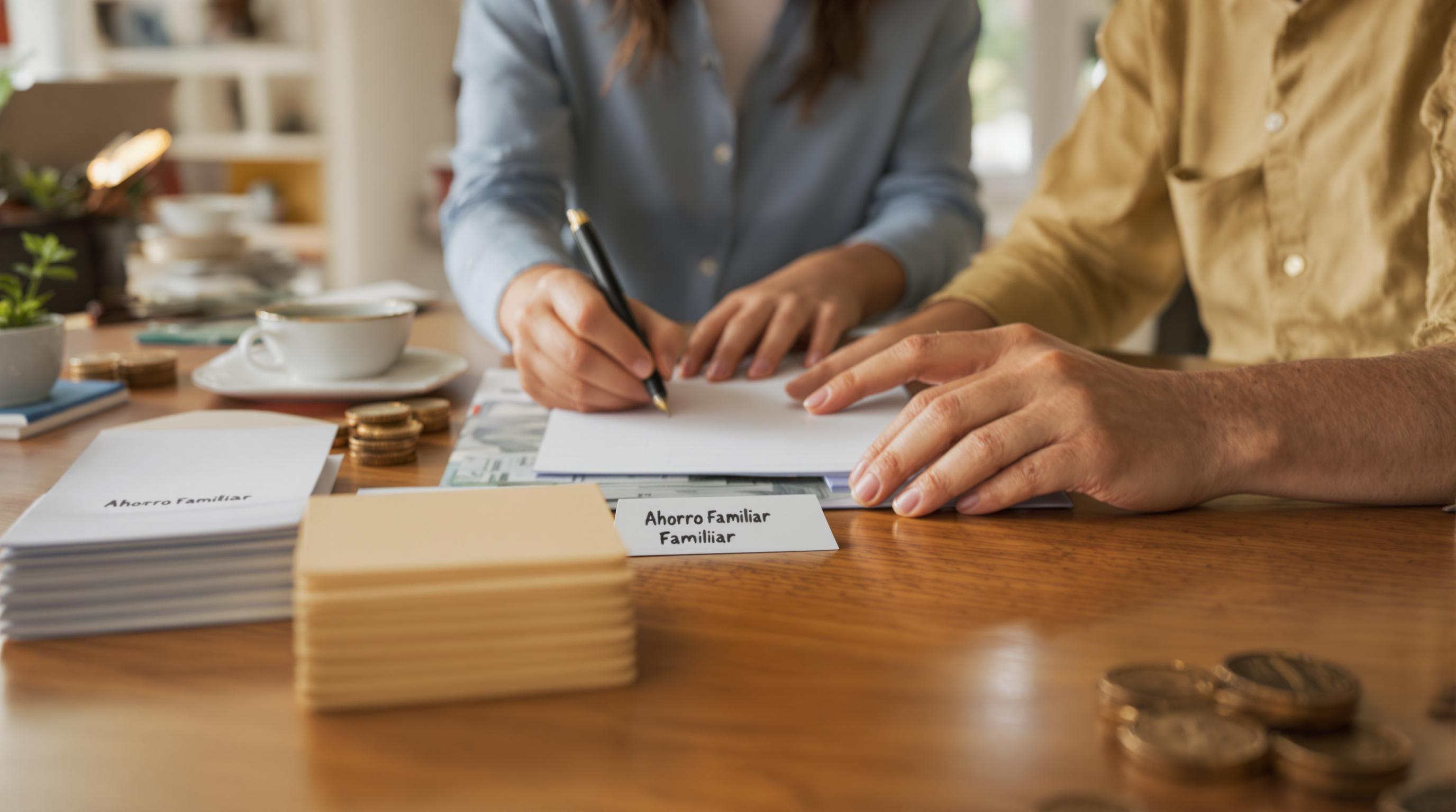 Hispanic parent and teen organizing family budget with envelopes labeled 'Ahorro Familiar'