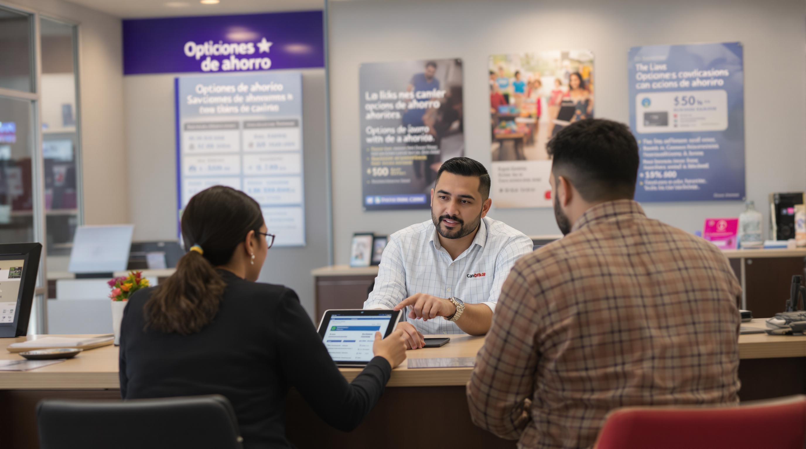 Latino couple receives banking advice under 'Opciones de ahorro' signage inside a branch.