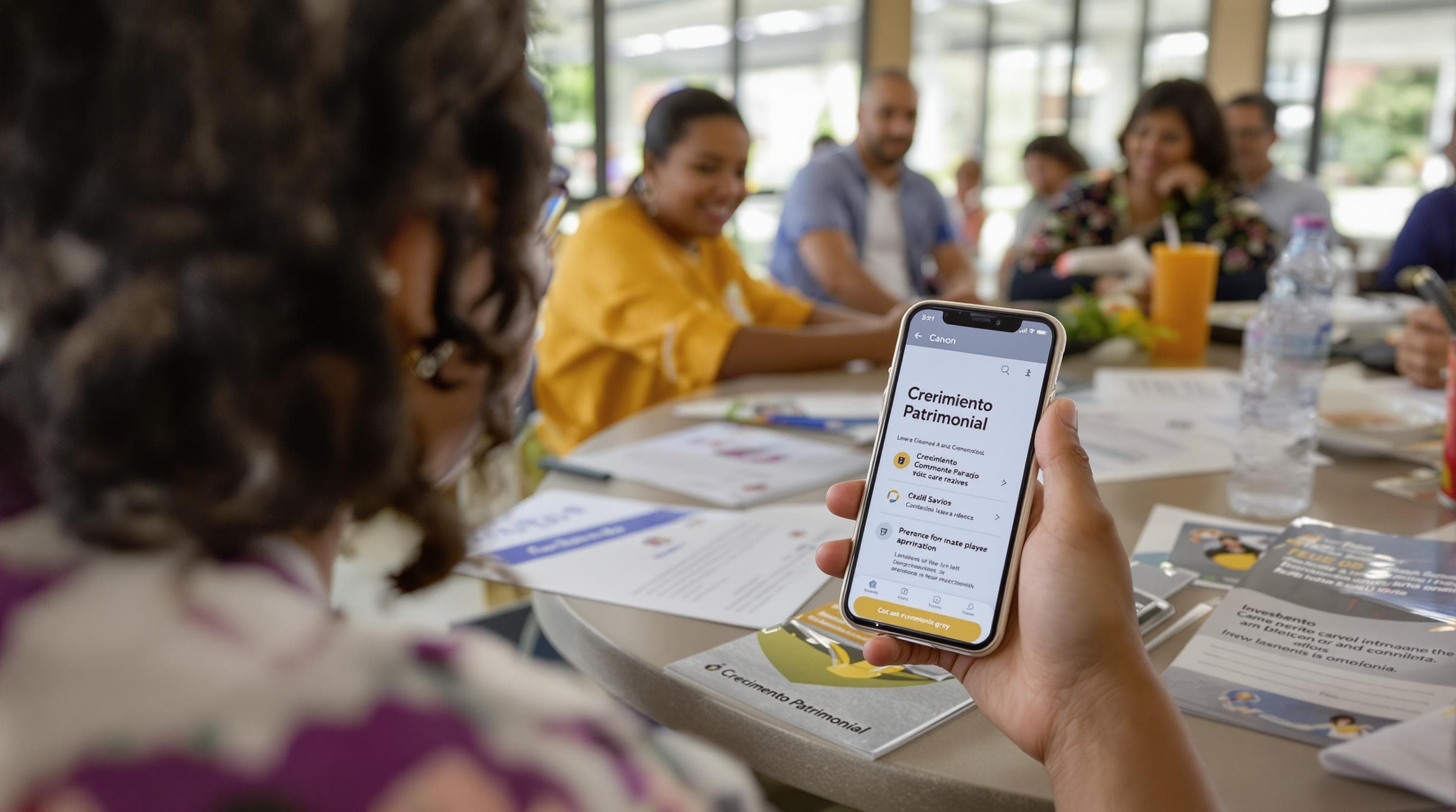 Young woman uses finance app in community center, financial brochures visible