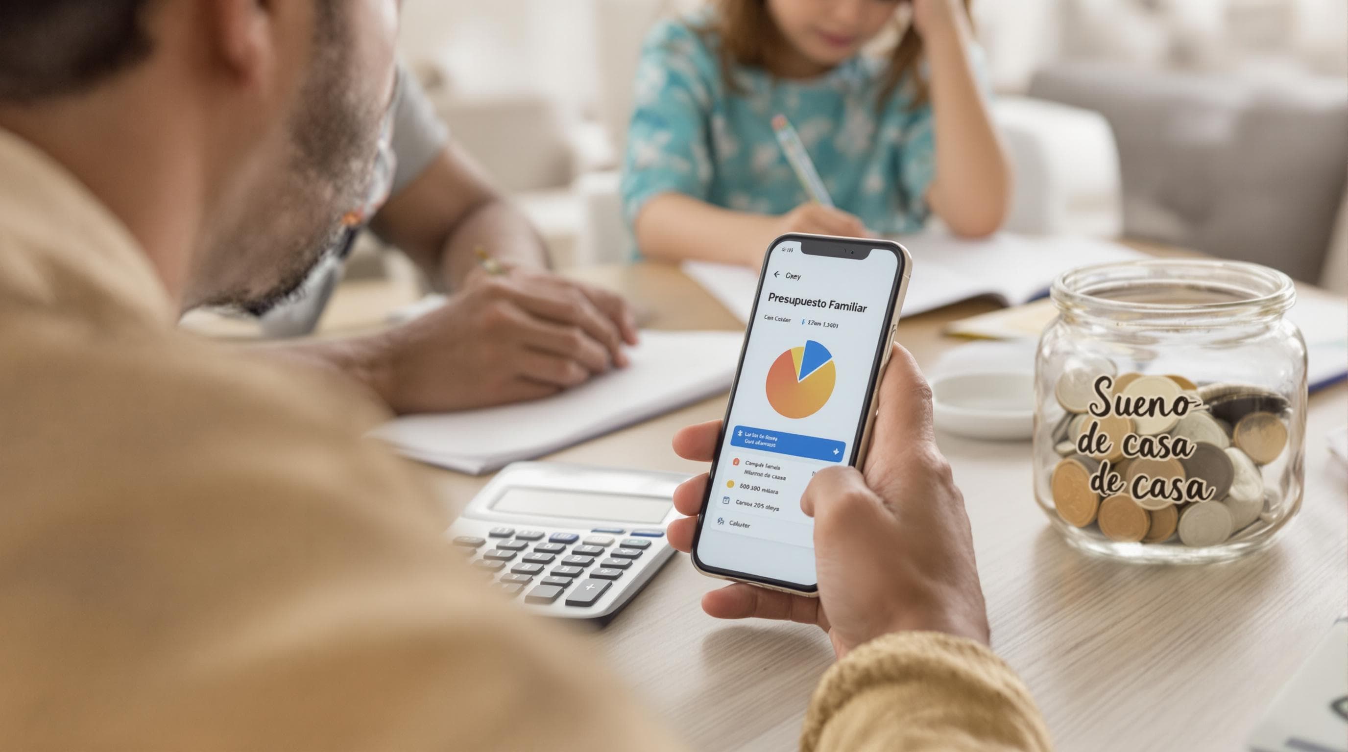 Parent using phone app to track home budget and saving for house