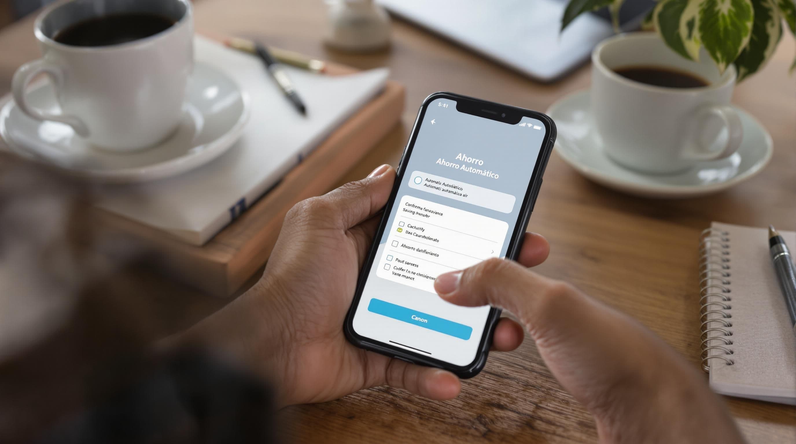 Smartphone with automatic savings app and Latino hand ready to tap screen
