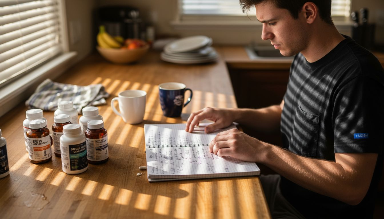 Young man sorts PCT compounds in kitchen