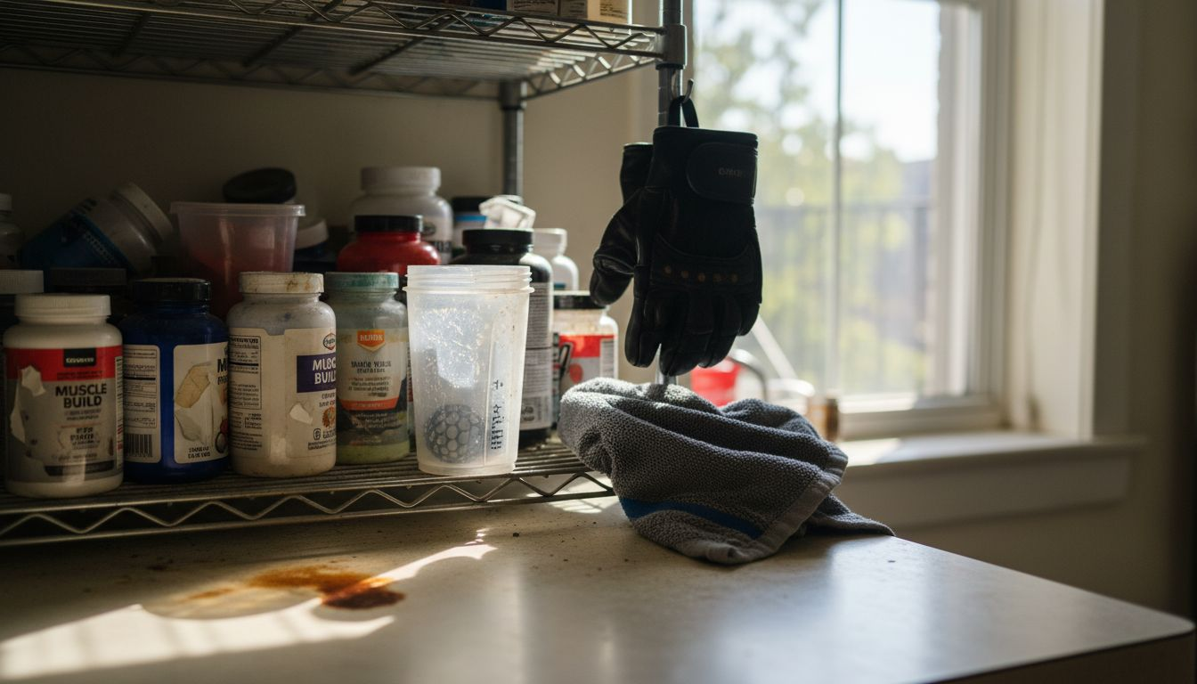 Supplement bottles and gym gear on shelf