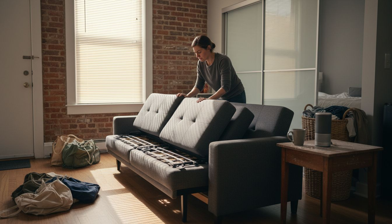 Woman folding sofa bed in adaptive apartment