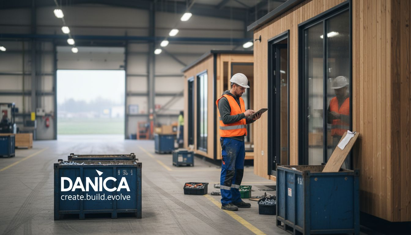 Worker inspects prefab module in factory