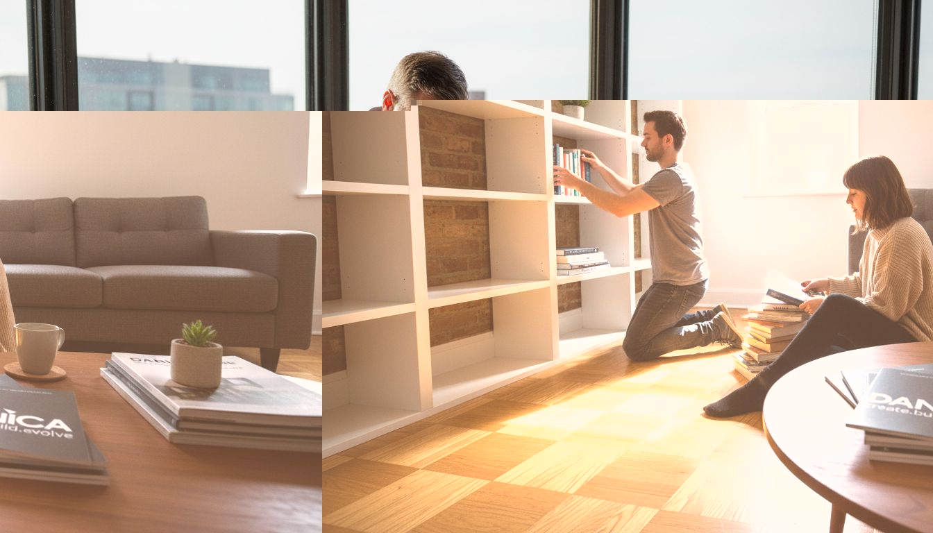 Couple arranging renovated apartment living space